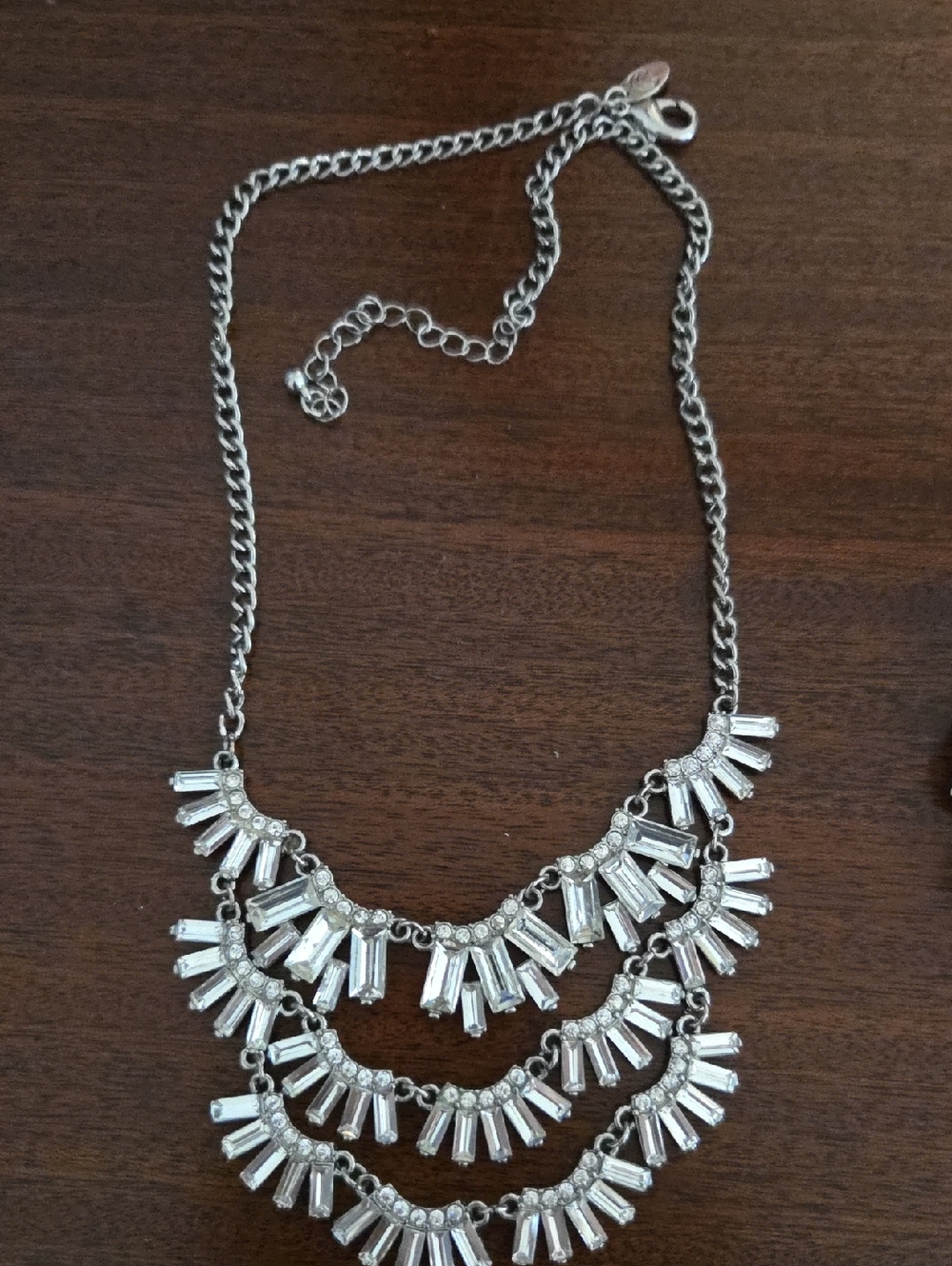 Silver-Tone Statement Bib Necklace with Clear Crystal Accents